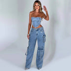 Light blue high-waist cargo jeans with relaxed fit and side utility pockets.