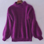 Purple loose knit wool sweater with high neck and long wide sleeves