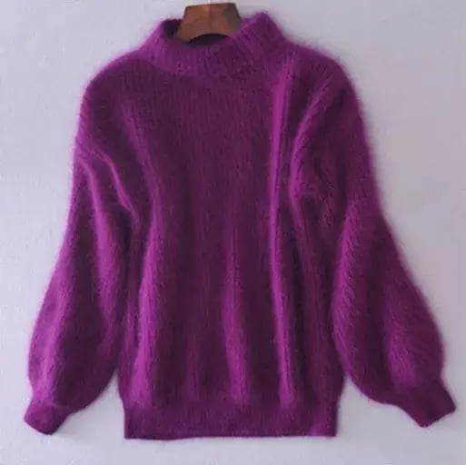 Purple loose knit wool sweater with high neck and long wide sleeves