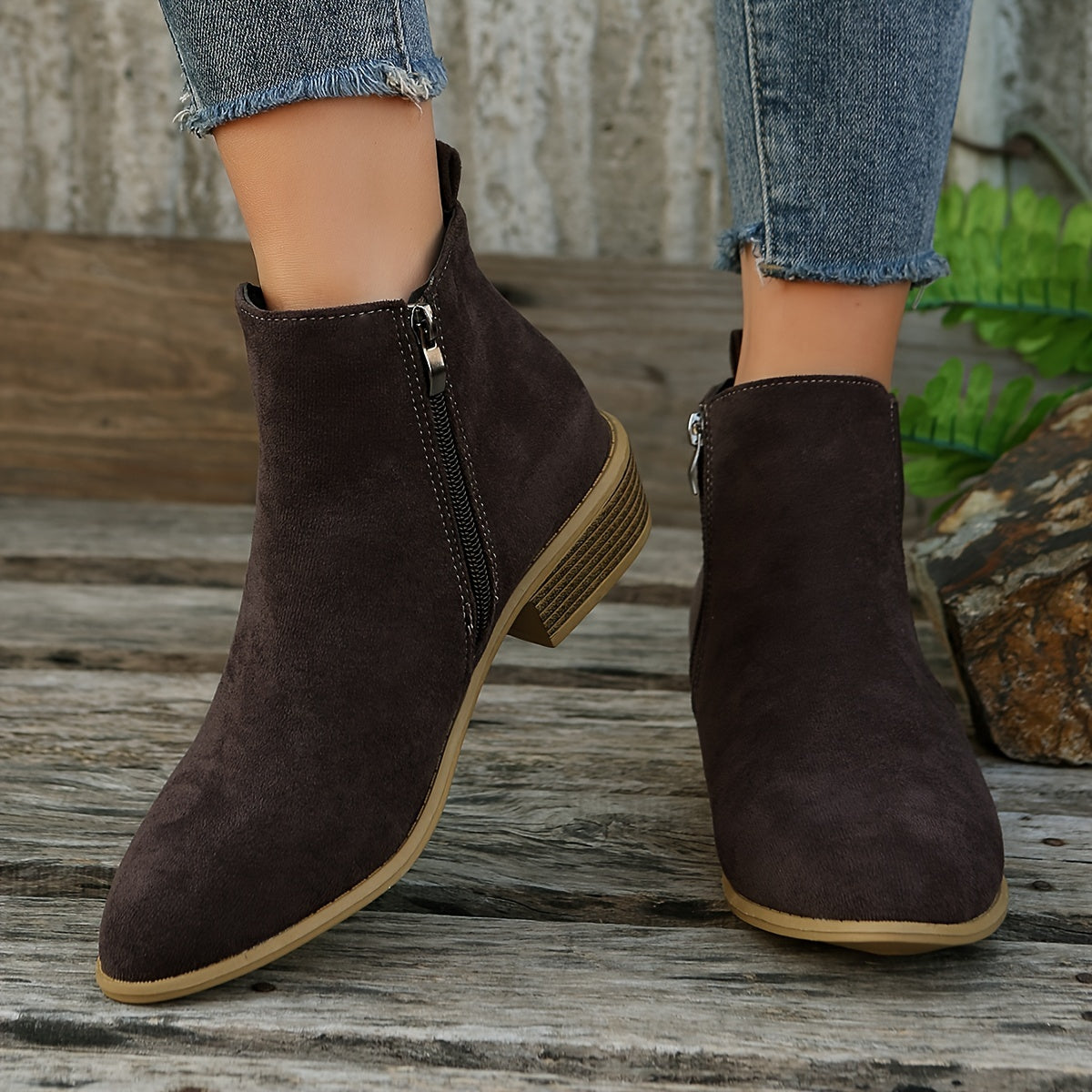 Women's suede ankle boots, dark brown, elastic side panels, low stacked heel