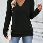 Black women’s V-neck long-sleeve sweater with button side detail, close-up