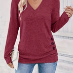 Women's V-neck button-detail sweater in deep red, long sleeves with side buttons