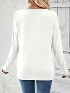 Women's V-neck button-detail sweater in white, back view with long sleeves