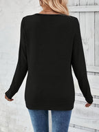 Women's V-neck button-detail sweater in black, back view with long sleeves