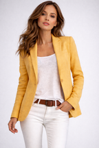 Women’s single-button blazer with notched lapel, long sleeves, mustard yellow.