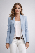 Women’s single-button blazer with notched lapel, long sleeves, light blue.