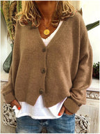 Women’s V-neck button-front cardigan, long sleeves, tan fuzzy knit