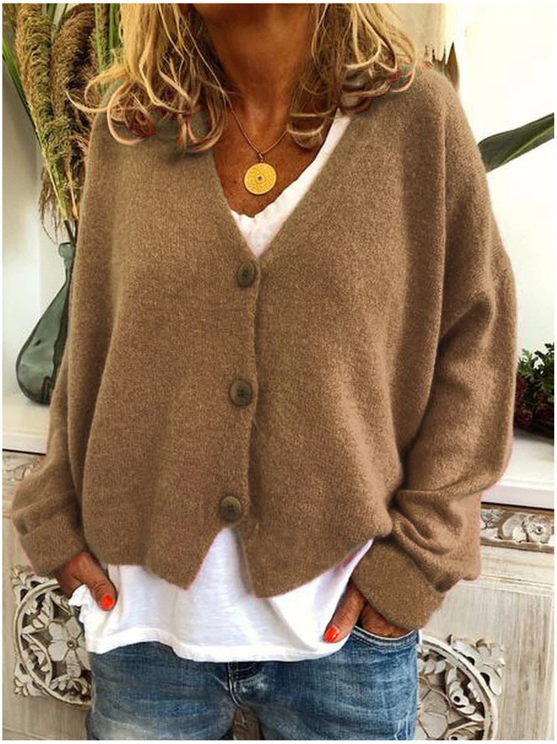 Women’s V-neck button-front cardigan, long sleeves, tan fuzzy knit