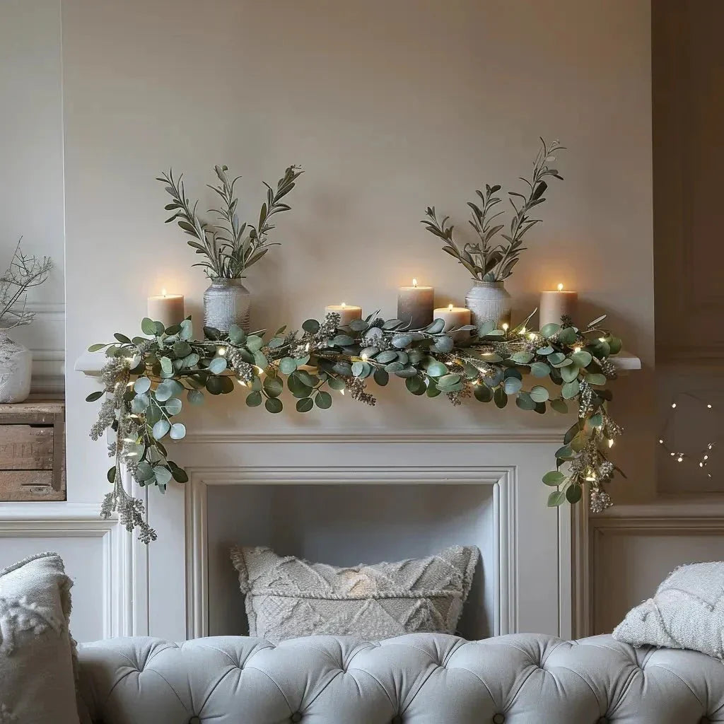 Eucalyptus garland with warm LED lights draped across fireplace mantel