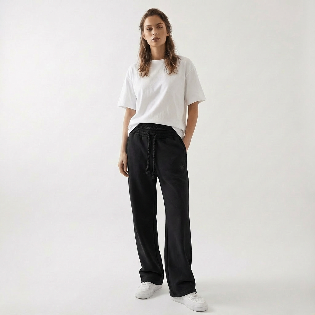 Unisex baggy joggers in black with drawstring waist, side pockets, and relaxed fit
