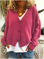 Women's V-neck button cardigan, burgundy red knit with long sleeves