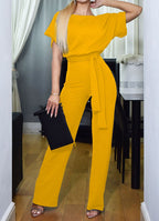 Yellow high-waist jumpsuit with short sleeves and tie waist sash, wide legs