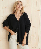 Women's cashmere cardigan, black V-neck with button front and ribbed hem cuffs