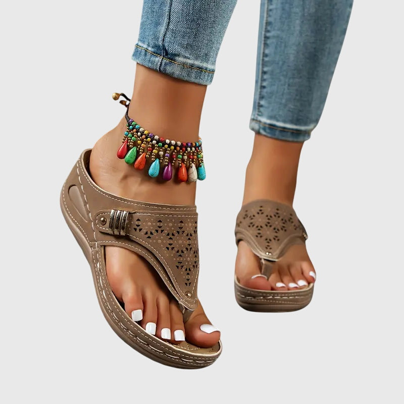 Women's wedge sandals in brown, perforated slide with colorful bead ankle strap