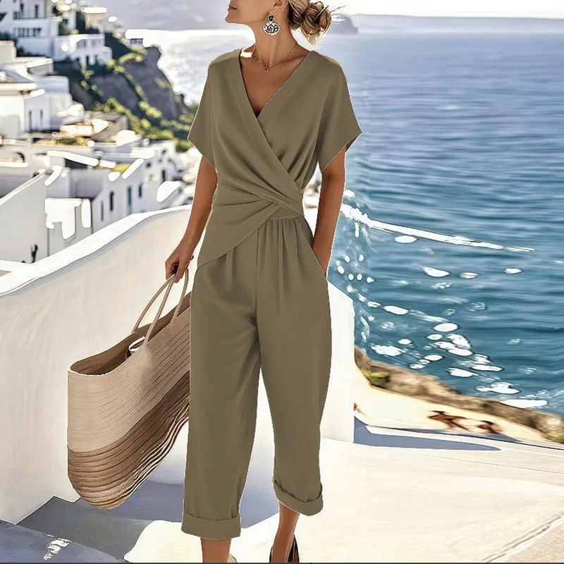 Women’s olive-brown V-neck jumpsuit with short sleeves, wrap front and tie waist, wide cropped legs