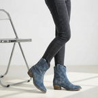 Blue suede ankle boots with pointed toe and block heel, pull-on style