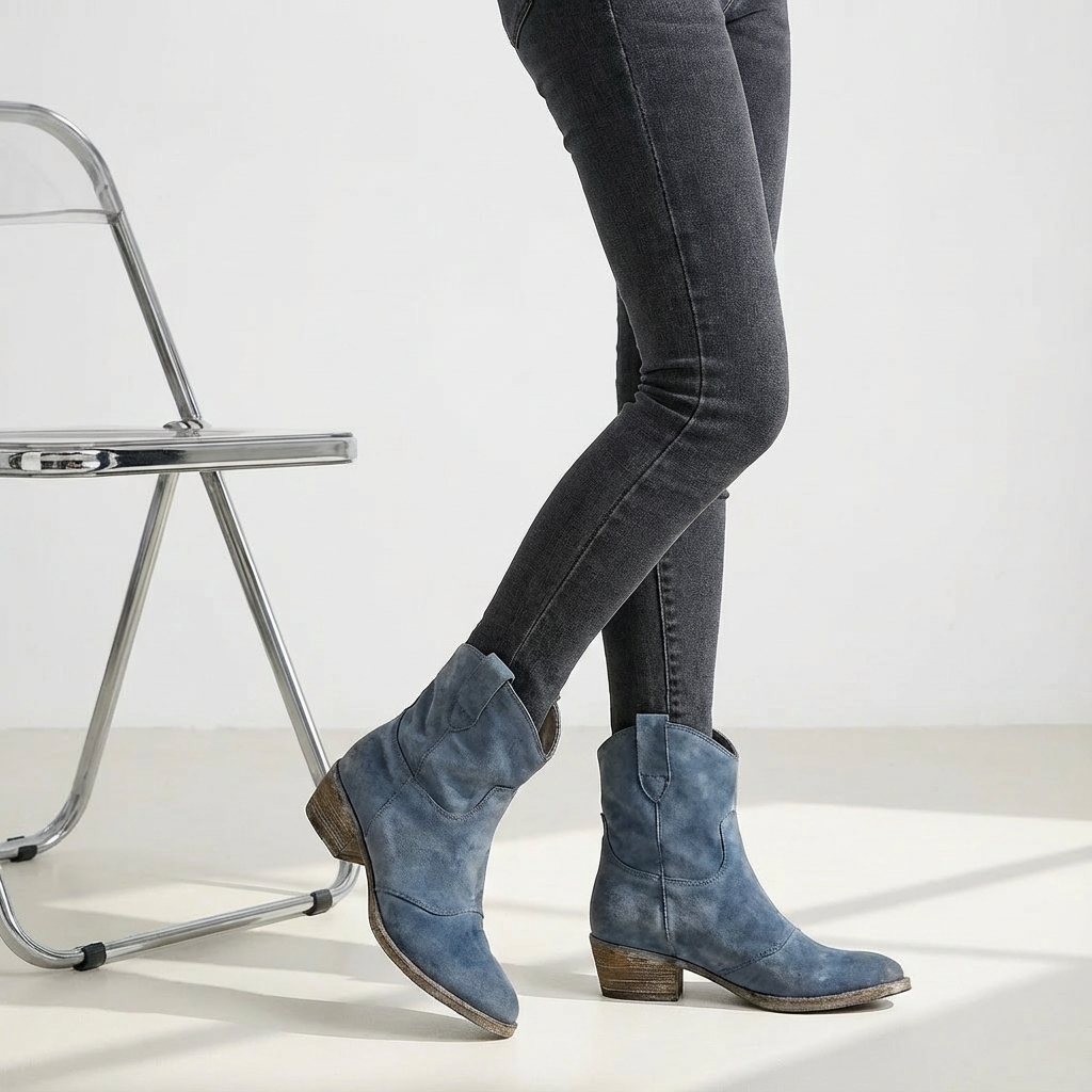 Blue suede ankle boots with pointed toe and block heel, pull-on style