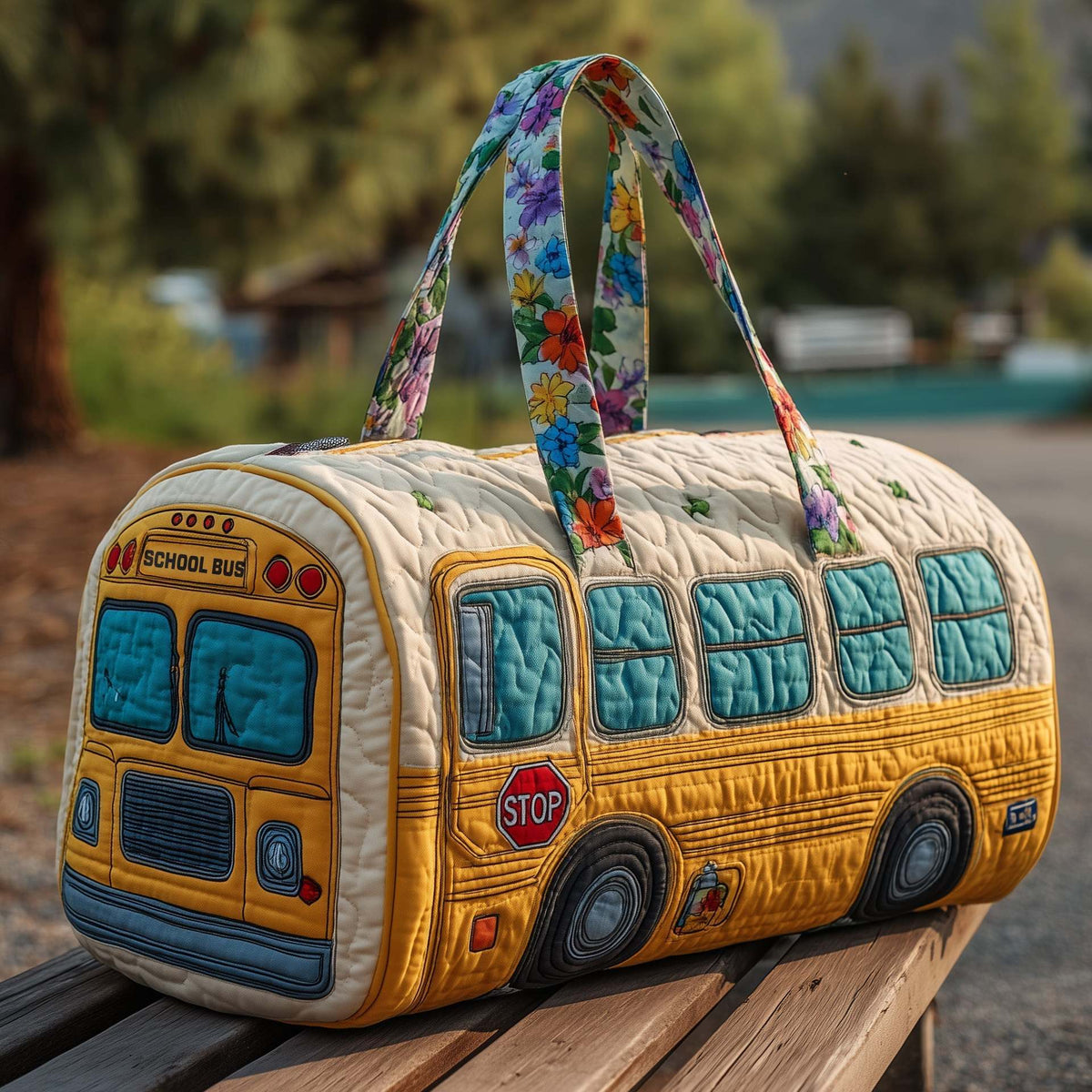 Padded travel bag with school bus artwork, beige and blue quilted fabric with STOP sign