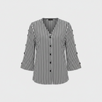 Women's Black and White Striped V-Neck Blouse with 3/4 Sleeves
