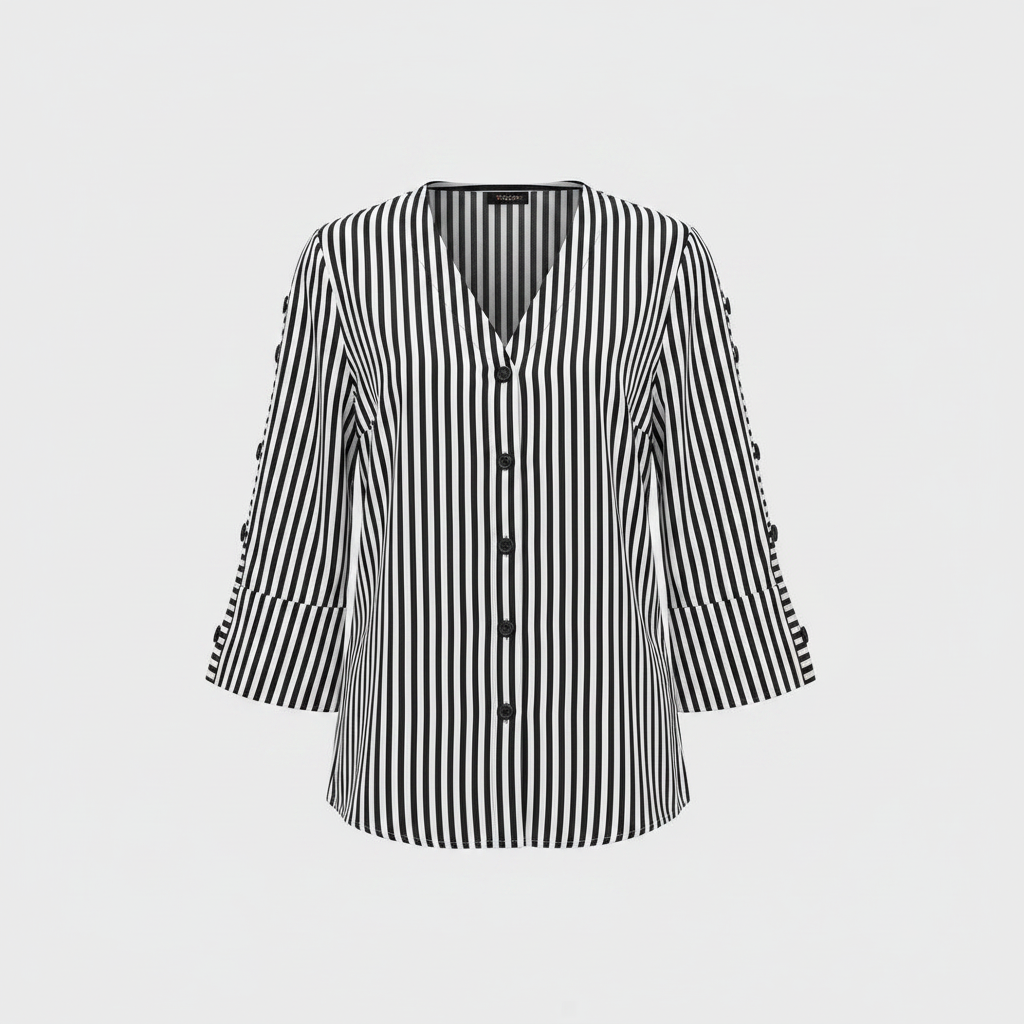 Women's Black and White Striped V-Neck Blouse with 3/4 Sleeves