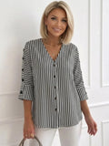 Black-and-white striped V-neck button-front blouse with 3/4 sleeves