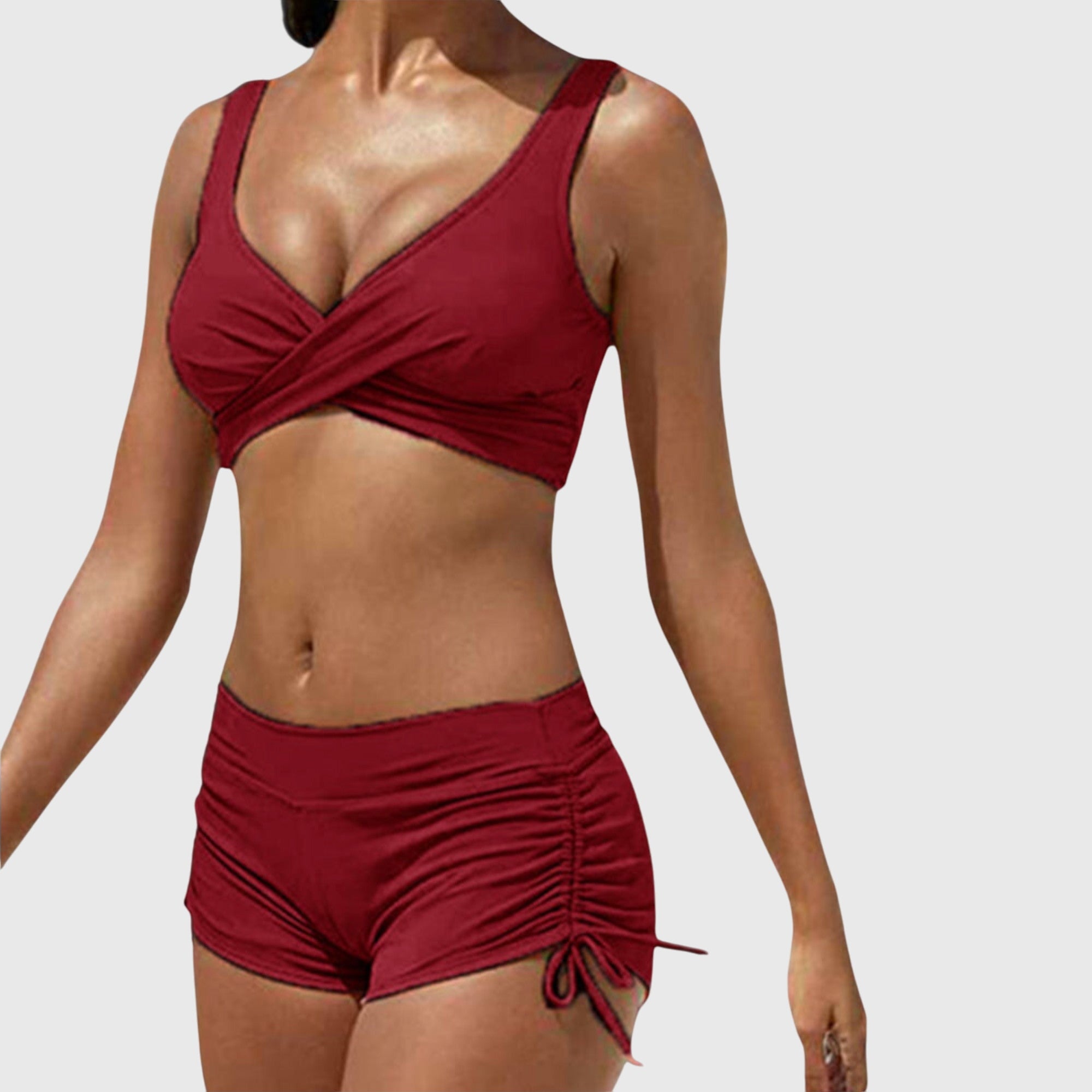 Burgundy bikini set with cross-front bralette and ruched drawstring swim shorts