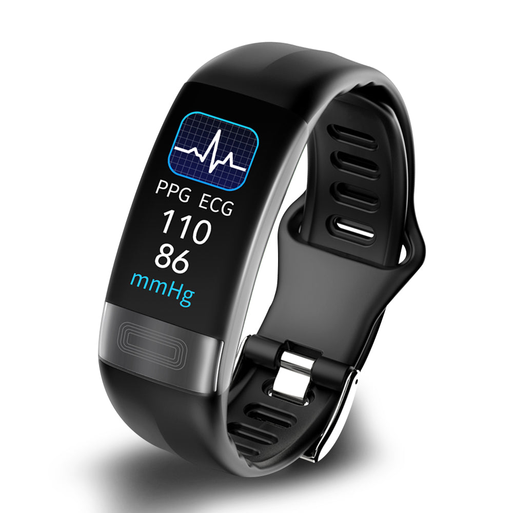 Black smart fitness tracker band with ECG-style display and heart-rate numbers