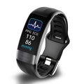 Black smart fitness tracker band with ECG-style display and heart-rate numbers