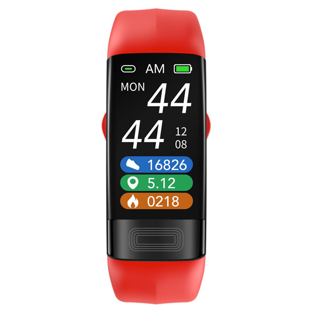 Red smart fitness tracker band with time and multicolor health graphs on screen