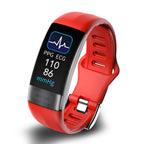 Red smart fitness tracker band with ECG PPG display and bpm readings