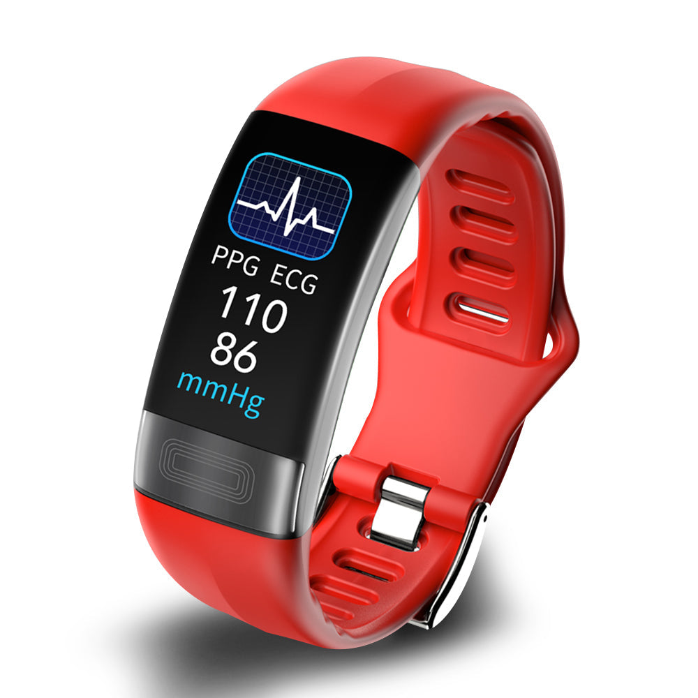 Red smart fitness tracker band with ECG PPG display and bpm readings