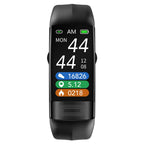 Black smart fitness tracker band with time and multicolor health graphs on screen