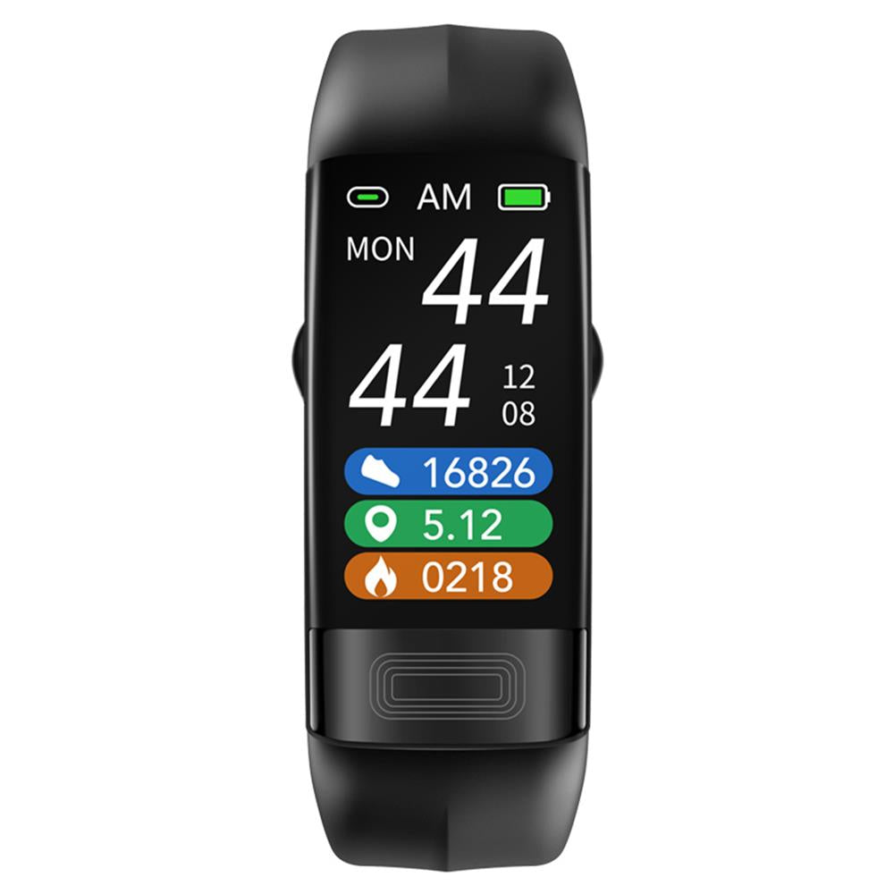 Black smart fitness tracker band with time and multicolor health graphs on screen