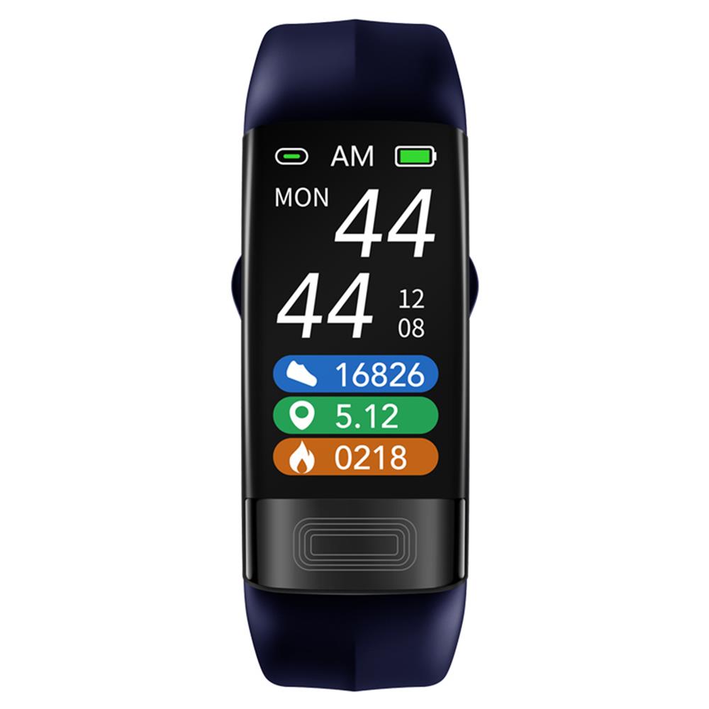 Navy smart fitness tracker band with time and multicolor health graphs on screen