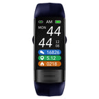 Navy smart fitness tracker band with time and multicolor health graphs on screen