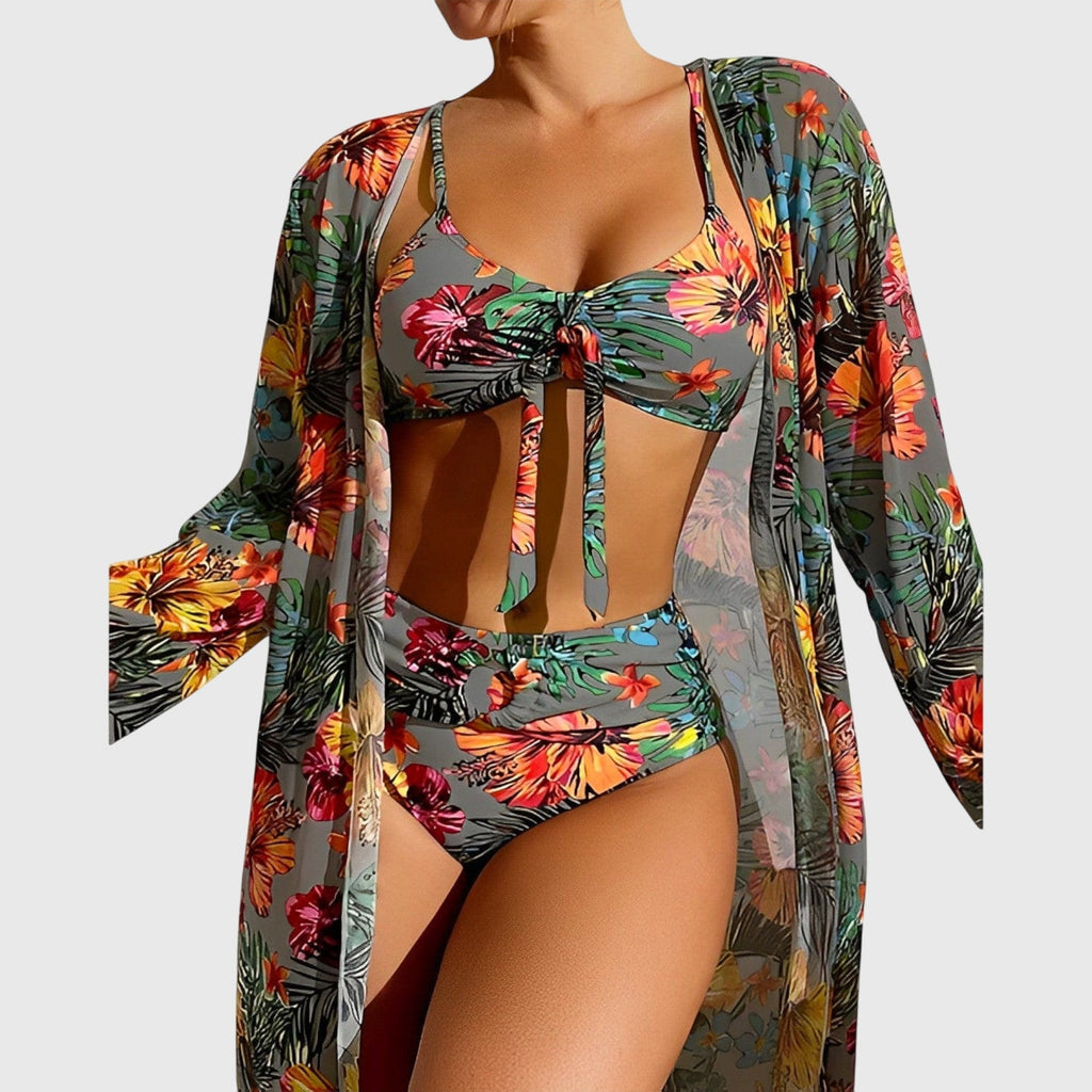 Multicolor floral halter bikini top and high-waist briefs with knot front, kimono cover-up