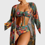 Multicolor floral halter bikini top and high-waist briefs with knot front, kimono cover-up