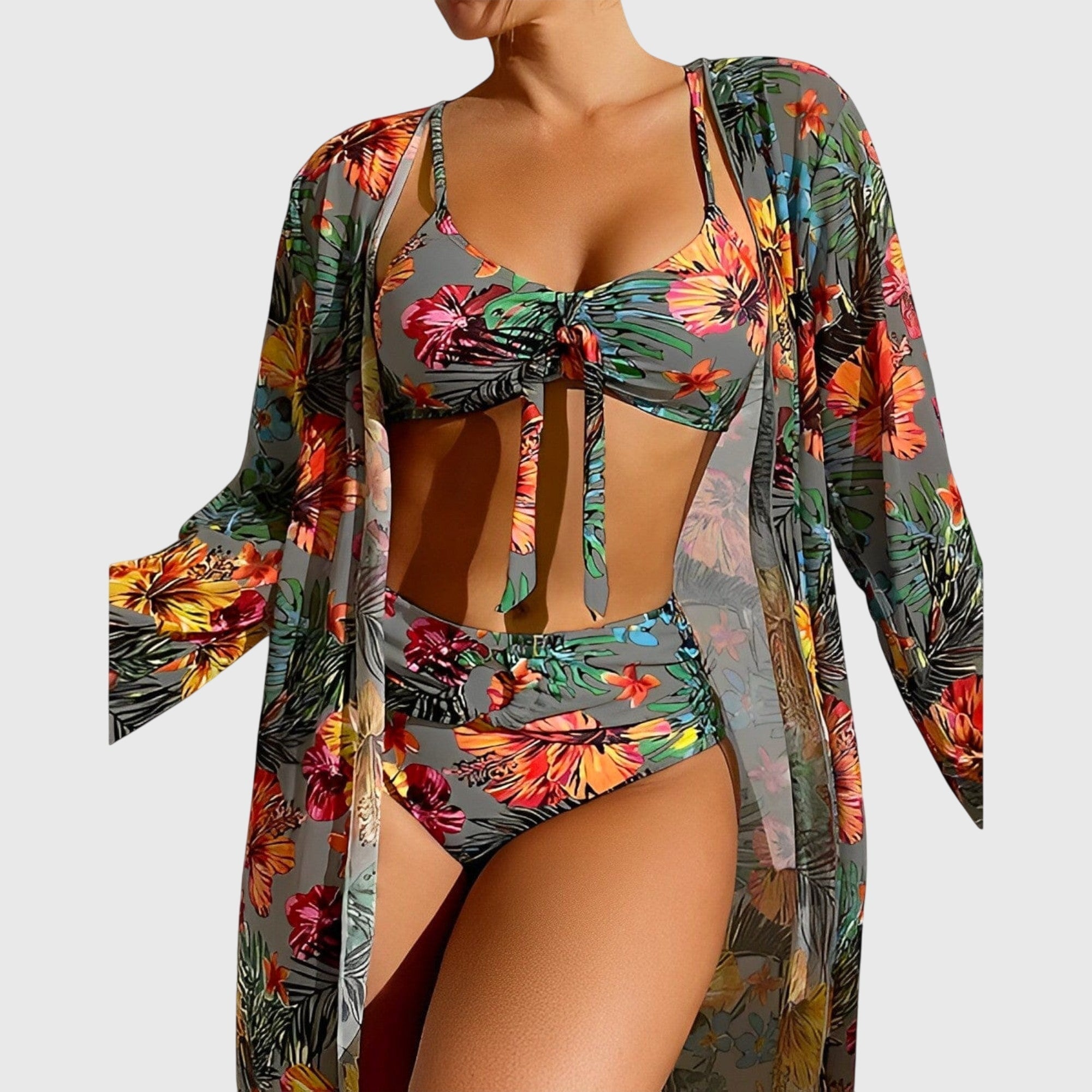 Multicolor floral halter bikini top and high-waist briefs with knot front, kimono cover-up