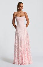 Blush pink maxi evening dress with spaghetti straps, fitted bodice, lace A-line skirt