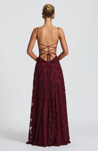 Burgundy maxi evening dress with spaghetti straps and crisscross open back