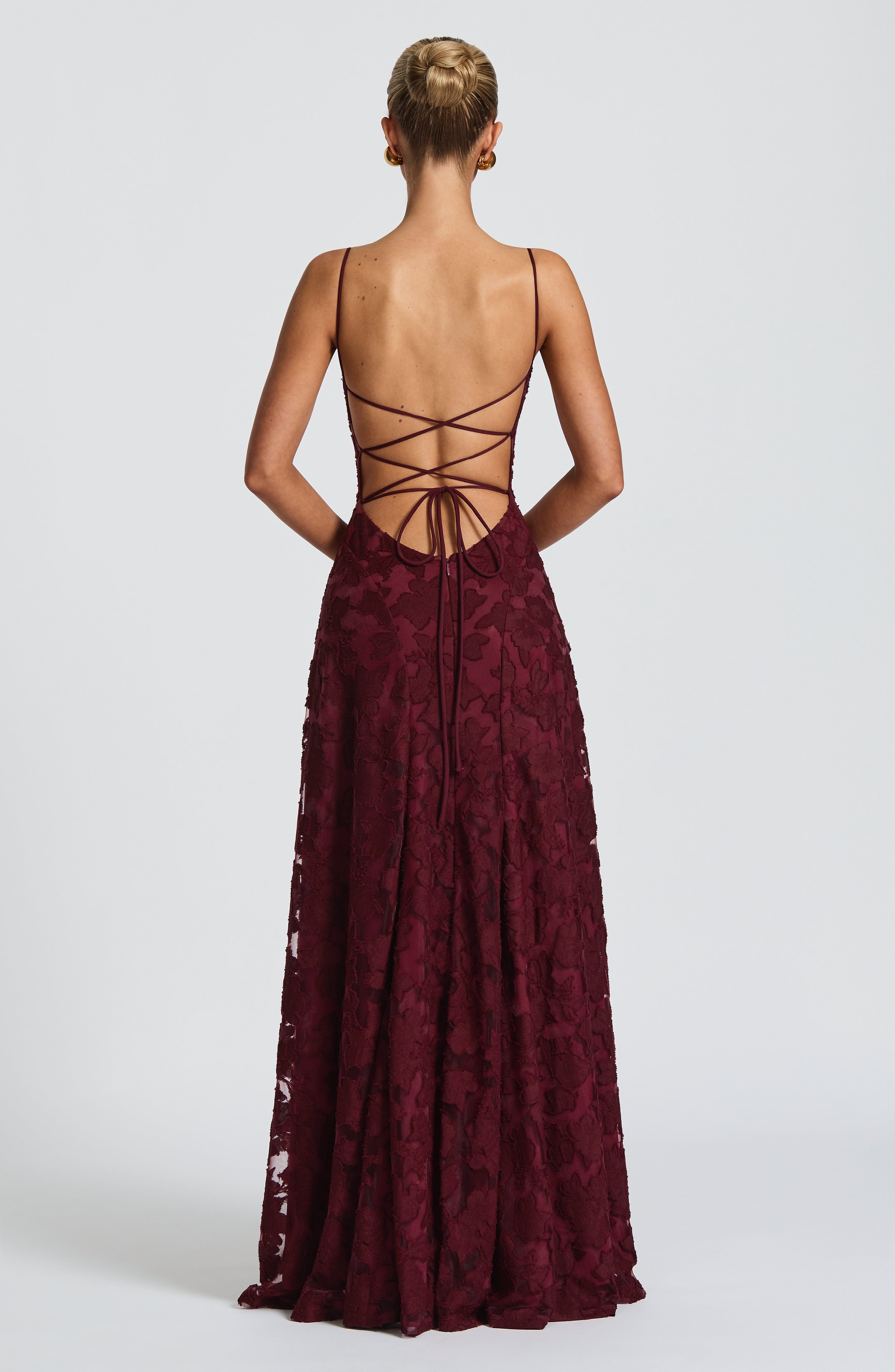 Burgundy maxi evening dress with spaghetti straps and crisscross open back