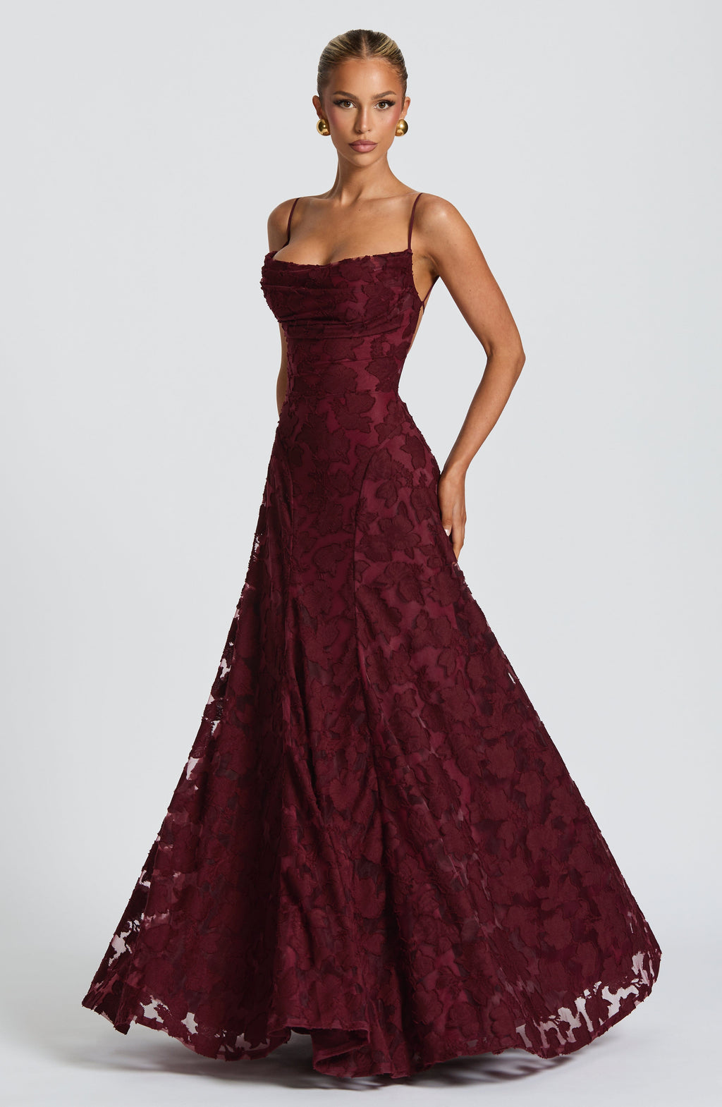 Burgundy maxi evening dress with spaghetti straps, fitted bodice, lace flared skirt