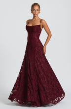 Burgundy maxi evening dress with spaghetti straps, fitted bodice, lace flared skirt