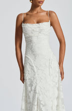 White spaghetti-strap maxi dress with textured jacquard and ruched sweetheart bodice