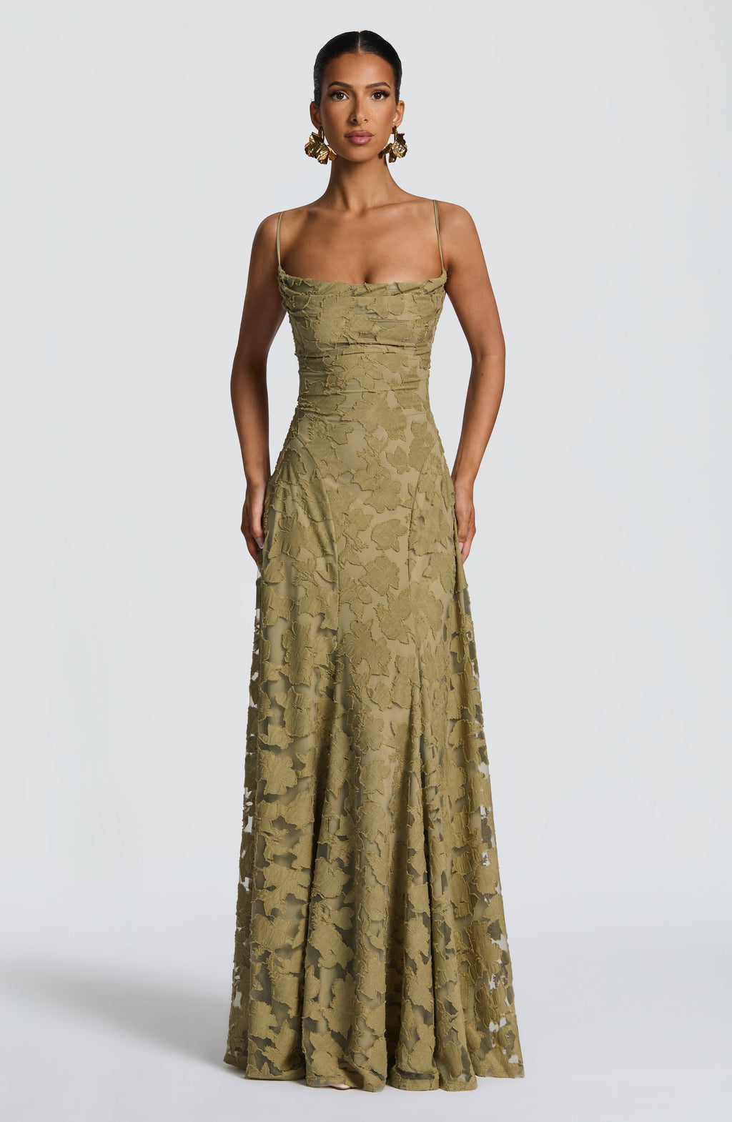 Olive green spaghetti-strap maxi dress with sweetheart neckline and fitted bodice