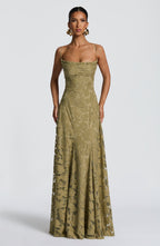 Olive green spaghetti-strap maxi dress with sweetheart neckline and fitted bodice