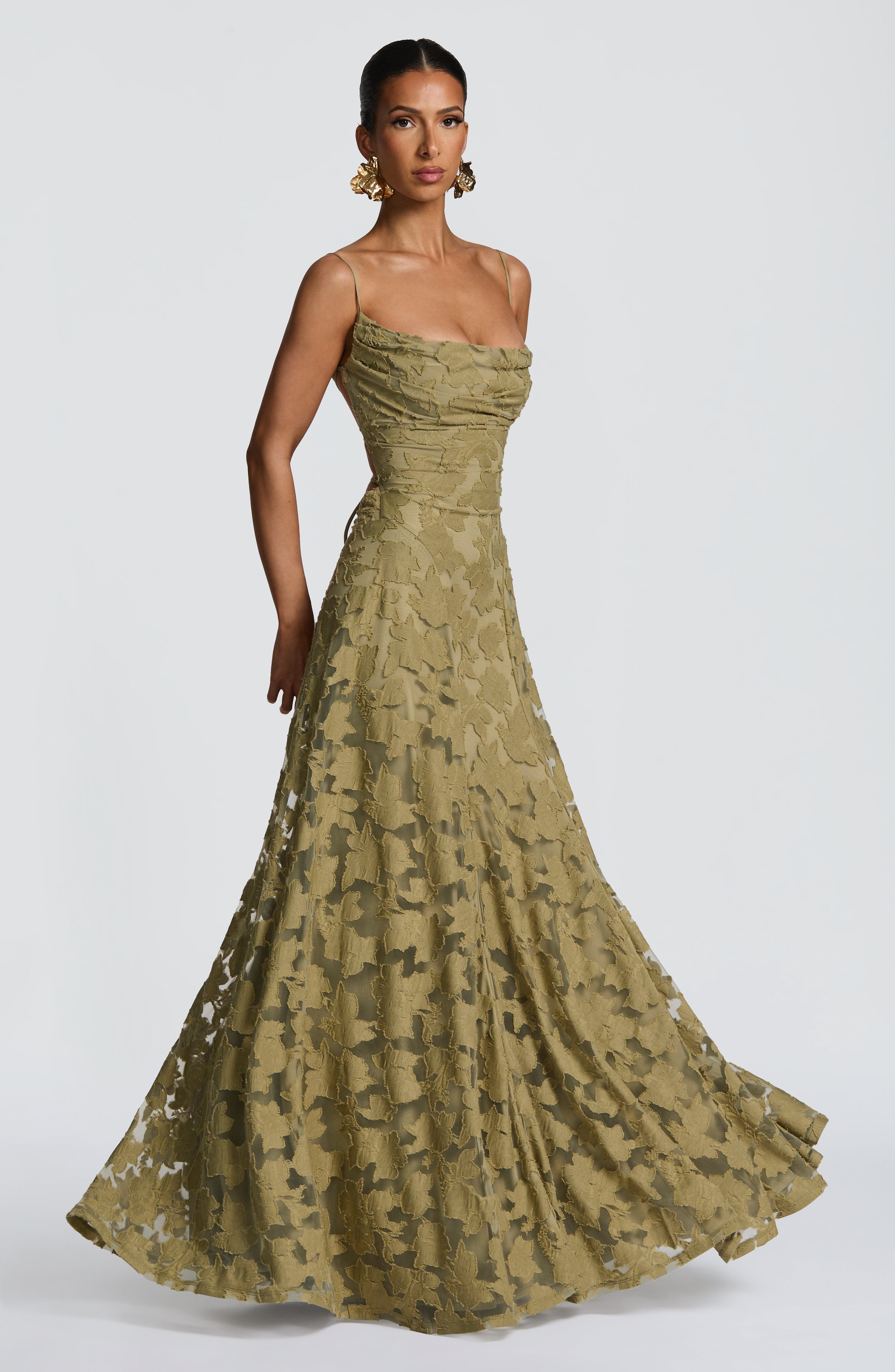 Olive green spaghetti-strap maxi dress with sweetheart neckline and flowing skirt