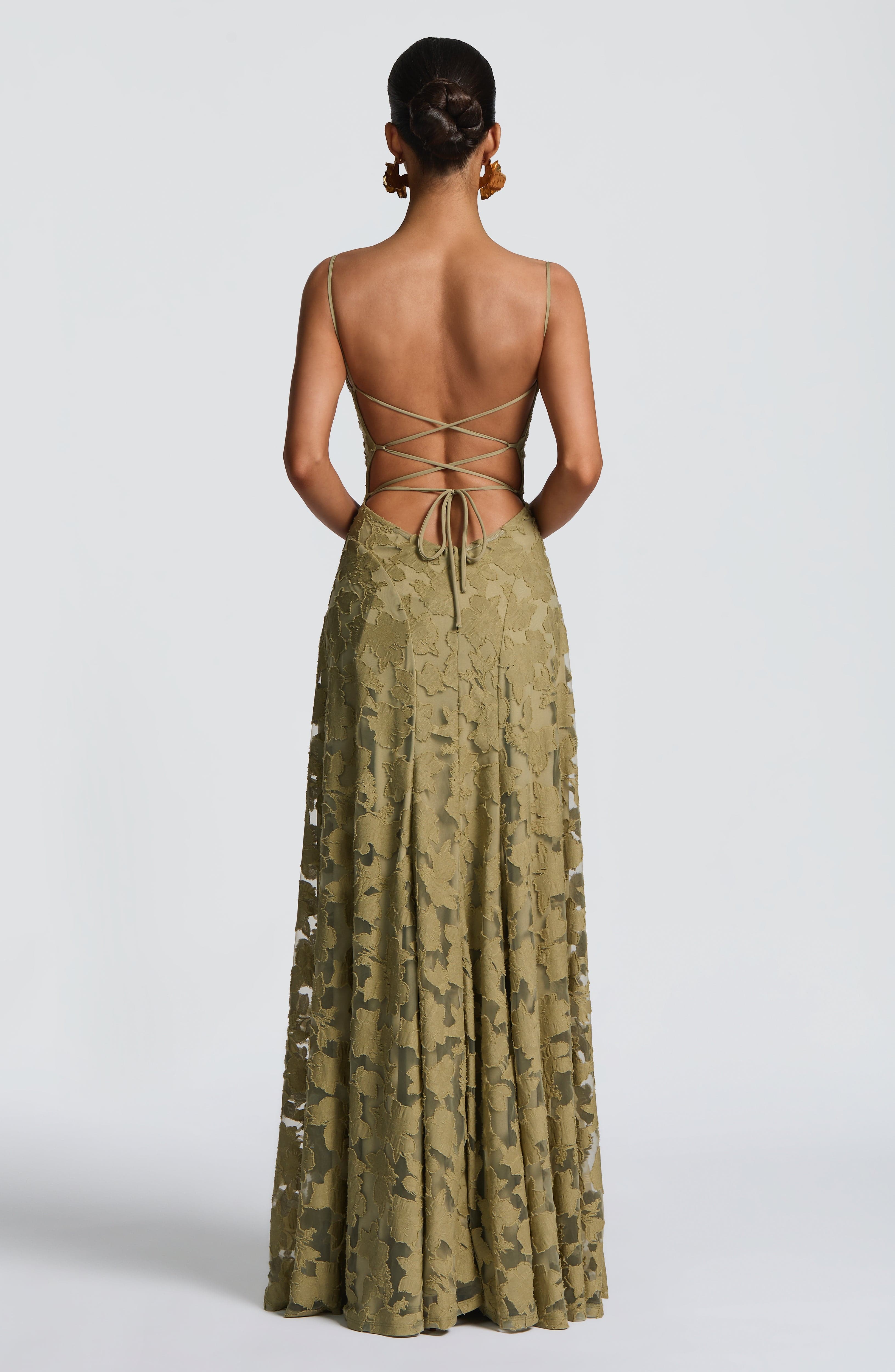 Olive green maxi evening dress with spaghetti straps and crisscross open back