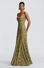 Olive green one-shoulder-style? maxi dress with spaghetti straps and textured jacquard