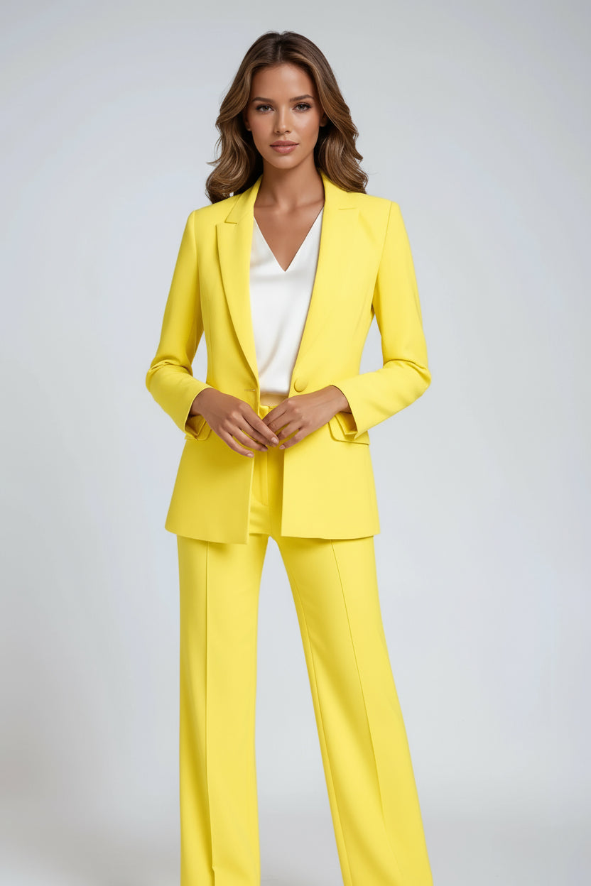 Yellow blazer and wide-leg trousers set with notch lapels and straight wide legs